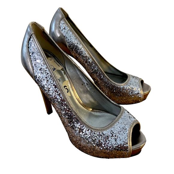 Guess Shoes - GUESS Gaminata Silver Glitter Faux Patent Leather Peep Toe Stilettos Size: 6 M